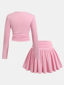 SHEIN Tween女孩粉色羅紋抓皺長袖上衣與百褶裙兩件套，圓領短袖抓皺短版上衣與高腰百褶裙，親膚彈性羅紋面料，甜美女孩風童裝，日常穿著校園穿搭，獨特設計四季兒童套裝 - 粉色 - 查看 6