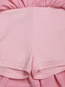 SHEIN Tween女孩粉色羅紋抓皺長袖上衣與百褶裙兩件套，圓領短袖抓皺短版上衣與高腰百褶裙，親膚彈性羅紋面料，甜美女孩風童裝，日常穿著校園穿搭，獨特設計四季兒童套裝 - 粉色 - 查看 9
