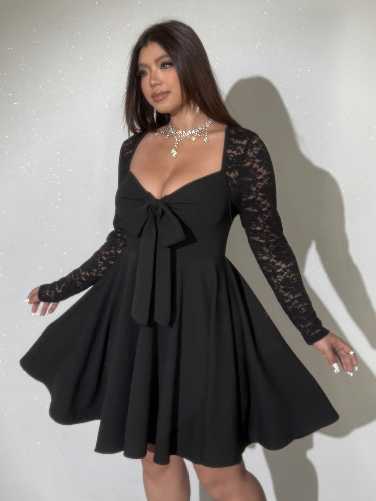 Viva Relle Plus Size Women Elegant Sexy Lace Patchwork Tie-Up Design Long Sleeve Dress, Suitable For Autumn, Elegant Dresses For Women,Valentine's Day - Black - View 3