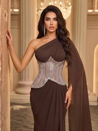 Glamrae Elegant Luxury Cold Shoulder Chiffon Asymmetrical Neckline Waist Beaded Embroidery Luxury Diamond Pleated Bodycon Flared Long Dress With Floating Panels, Suitable For Festivals, Weddings, Parties, Concerts, Business Events And Social Media Influencer Occasions, Women's Formal Evening Gown, Guest Banquet Dress, Light Mesh Long Robe