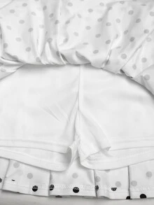 SHEIN Tween女孩休閒校園風黑白波點印花立領拉鍊外套搭配抓皺蛋糕下擺迷你裙褲2件套，女孩秋冬返校穿搭 - 白色 - 查看 5