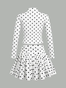 SHEIN Tween女孩休閒校園風黑白波點印花立領拉鍊外套搭配抓皺蛋糕下擺迷你裙褲2件套，女孩秋冬返校穿搭 - 白色 - 查看 2