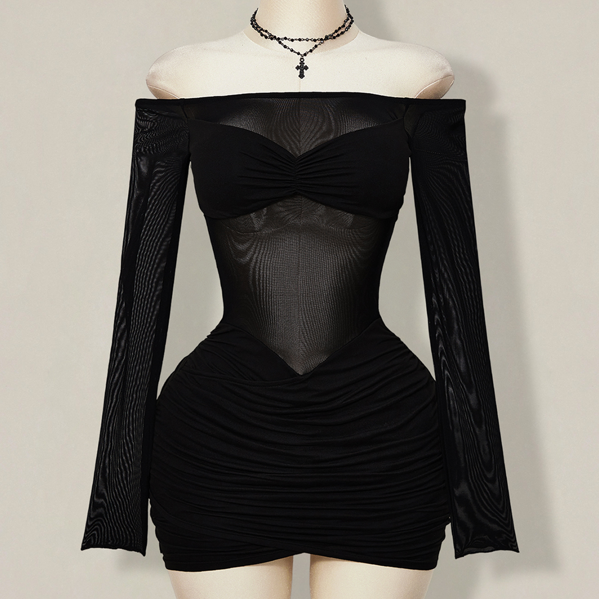 Women's Solid Color Mesh Patchwork Off-Shoulder Long Sleeve Ruched Fashion Mini Dress Black See Through Hollow Out Vampire Night Out Autumn Sexy