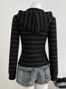 SHEIN 女童黑色與灰色羅紋連帽拉鍊運動衫，秋季服飾，修身羅紋針織長袖夾克，春夏/秋季風格 - 黑色 - 查看 3