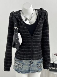 SHEIN 女童黑色與灰色羅紋連帽拉鍊運動衫，秋季服飾，修身羅紋針織長袖夾克，春夏/秋季風格 - 黑色 - 查看 1