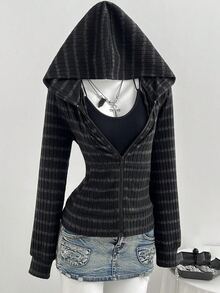 SHEIN 女童黑色與灰色羅紋連帽拉鍊運動衫，秋季服飾，修身羅紋針織長袖夾克，春夏/秋季風格 - 黑色 - 查看 2