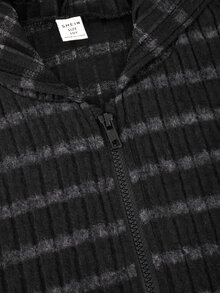 SHEIN 女童黑色與灰色羅紋連帽拉鍊運動衫，秋季服飾，修身羅紋針織長袖夾克，春夏/秋季風格 - 黑色 - 查看 4