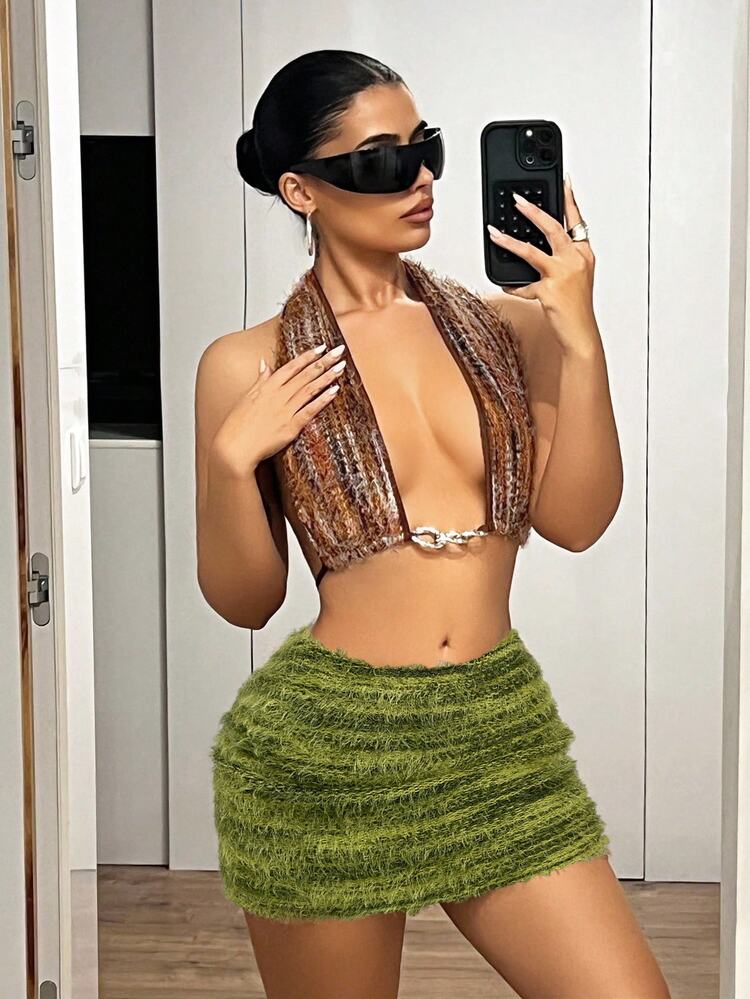 SHEIN ICON Vintage American Mermaid Bodycon Sexy Mini Skirt - Green - View 5