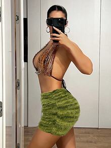 SHEIN ICON Vintage American Mermaid Bodycon Sexy Mini Skirt - Green - View 4