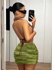 SHEIN ICON Vintage American Mermaid Bodycon Sexy Mini Skirt - Green - View 2