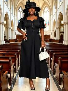SHEIN Elegant Sexy Minimalist Daily Wear Church Funeral Golf Dinner Date Formal Dress, Ruffle Double-Layer Sleeves, Flared Skirt, Summer Black Wedding - Black - View 4