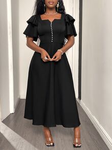 SHEIN Elegant Sexy Minimalist Daily Wear Church Funeral Golf Dinner Date Formal Dress, Ruffle Double-Layer Sleeves, Flared Skirt, Summer Black Wedding - Black - View 5