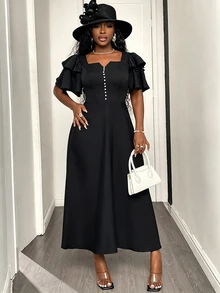 SHEIN Elegant Sexy Minimalist Daily Wear Church Funeral Golf Dinner Date Formal Dress, Ruffle Double-Layer Sleeves, Flared Skirt, Summer Black Wedding - Black - View 10