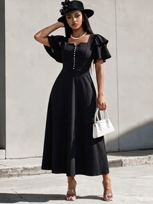 SHEIN Elegant Sexy Minimalist Daily Wear Church Funeral Golf Dinner Date Formal Dress, Ruffle Double-Layer Sleeves, Flared Skirt, Summer Black Wedding - Black - View 2
