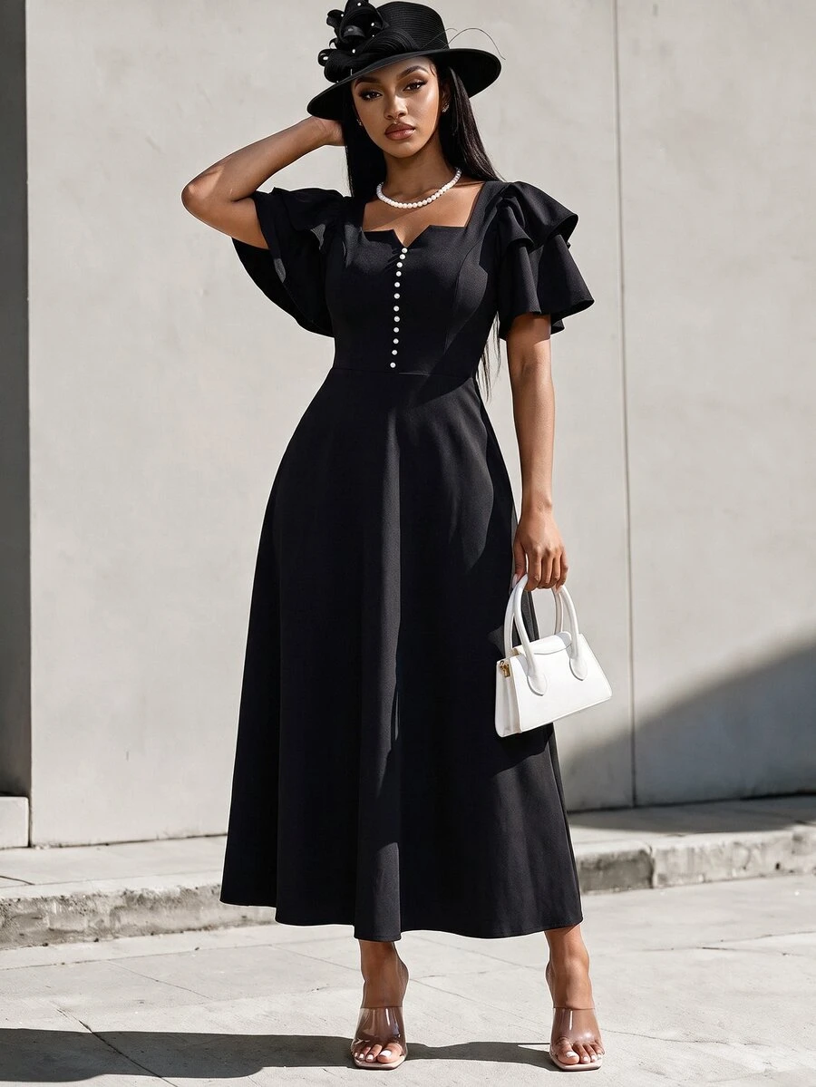 SHEIN Elegant Sexy Minimalist Daily Wear Church Funeral Golf Dinner Date Formal Dress, Ruffle Double-Layer Sleeves, Flared Skirt, Summer Black Wedding