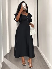 SHEIN Elegant Sexy Minimalist Daily Wear Church Funeral Golf Dinner Date Formal Dress, Ruffle Double-Layer Sleeves, Flared Skirt, Summer Black Wedding - Black - View 8