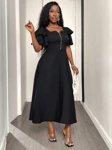 SHEIN Elegant Sexy Minimalist Daily Wear Church Funeral Golf Dinner Date Formal Dress, Ruffle Double-Layer Sleeves, Flared Skirt, Summer Black Wedding - Black - View 7