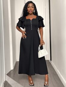 SHEIN Elegant Sexy Minimalist Daily Wear Church Funeral Golf Dinner Date Formal Dress, Ruffle Double-Layer Sleeves, Flared Skirt, Summer Black Wedding - Black - View 9