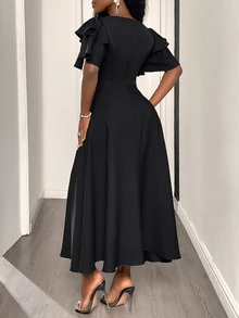 SHEIN Elegant Sexy Minimalist Daily Wear Church Funeral Golf Dinner Date Formal Dress, Ruffle Double-Layer Sleeves, Flared Skirt, Summer Black Wedding - Black - View 3