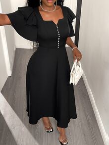 SHEIN Elegant Sexy Minimalist Daily Wear Church Funeral Golf Dinner Date Formal Dress, Ruffle Double-Layer Sleeves, Flared Skirt, Summer Black Wedding - Black - View 6