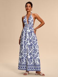 Eryvara Women's Boho Blue Halter Sleeveless Woven Fabric A Line Maxi Dress With Plant Pattern Flared Hem And Knot Details - Blue - View 6
