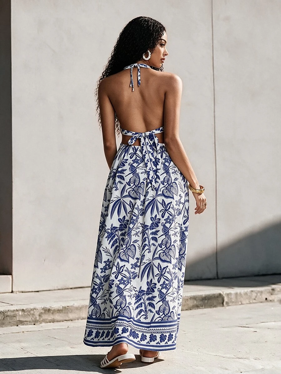 Eryvara Women's Boho Blue Halter Sleeveless Woven Fabric A Line Maxi Dress With Plant Pattern Flared Hem And Knot Details - Blue - View 1
