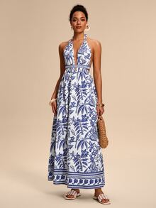 Eryvara Women's Boho Blue Halter Sleeveless Woven Fabric A Line Maxi Dress With Plant Pattern Flared Hem And Knot Details - Blue - View 5