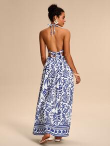 Eryvara Women's Boho Blue Halter Sleeveless Woven Fabric A Line Maxi Dress With Plant Pattern Flared Hem And Knot Details - Blue - View 3