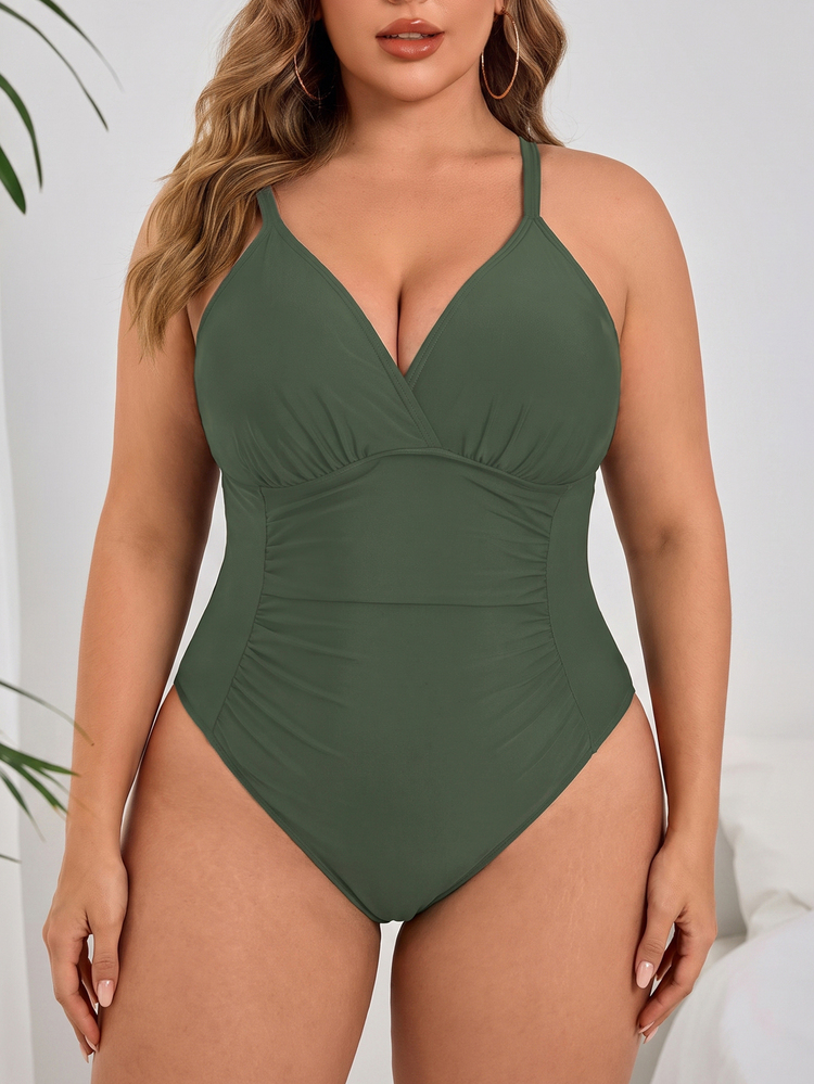 Swim Lushoire Plus Size 1-Piece Black Swimsuit With Waist Ruched Details, Simple Everyday Beach Vacation Swimwear For Women For Summer - Green - View 1