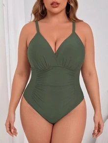 SHEIN Swim Curve 加大码连体黑色泳衣，腰部有褶饰，简约日常海滩度假女士泳装 - 綠色 - 查看 4