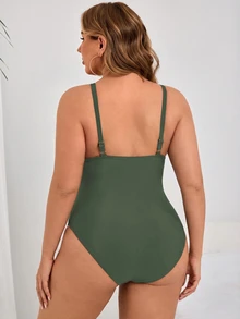 SHEIN Swim Curve 加大码连体黑色泳衣，腰部有褶饰，简约日常海滩度假女士泳装 - 綠色 - 查看 2
