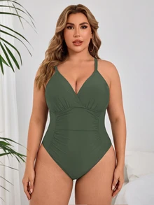 SHEIN Swim Curve 加大码连体黑色泳衣，腰部有褶饰，简约日常海滩度假女士泳装 - 綠色 - 查看 3