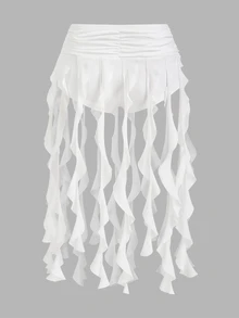 SHEIN ICON Falda negra de mujer con sobrefalda de malla, volantes asimétricos y abertura alta - Blanco - Ver 2