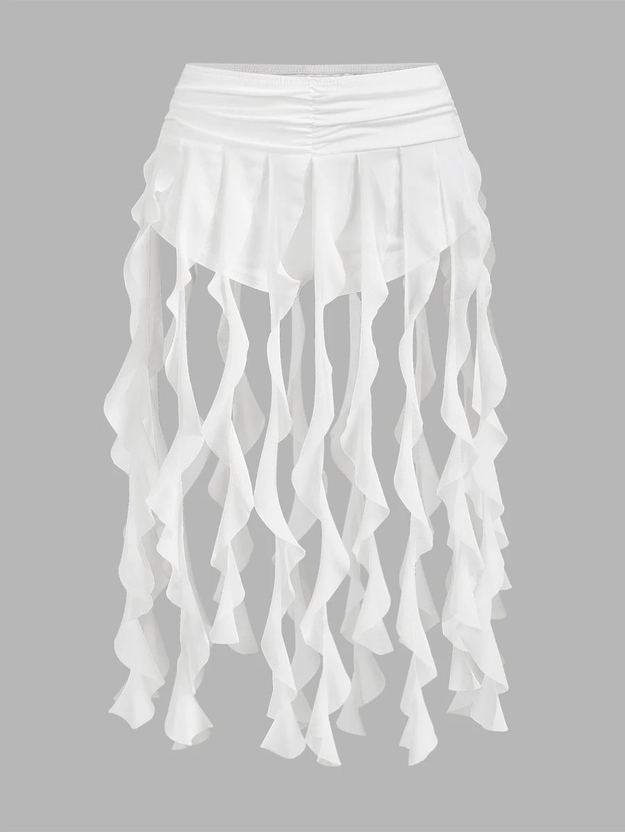 SHEIN ICON Women's Outgoing Asymmetric Ruffle High Slit Mesh Overlay Skirt, Black - White - View 1