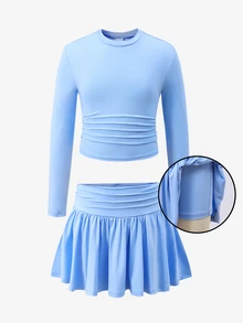 SHEIN Tween女孩淺藍色抓皺長袖上衣與網球裙2件套，圓領修身短版抓皺T恤與高腰抓皺防走光口袋裙，彈性面料，運動休閒風，適合健身瑜伽與日常穿著 - 淺藍色 - 查看 7