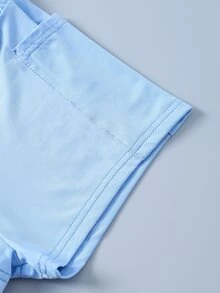 SHEIN Tween女孩淺藍色抓皺長袖上衣與網球裙2件套，圓領修身短版抓皺T恤與高腰抓皺防走光口袋裙，彈性面料，運動休閒風，適合健身瑜伽與日常穿著 - 淺藍色 - 查看 6