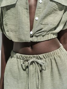 SHEIN Women's Elegant Striped Shirt And Pants Set, Suitable For Summer Vacation And Outdoor Wear - Green - View 6