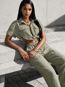 SHEIN Women's Elegant Striped Shirt And Pants Set, Suitable For Summer Vacation And Outdoor Wear - Green - View 1