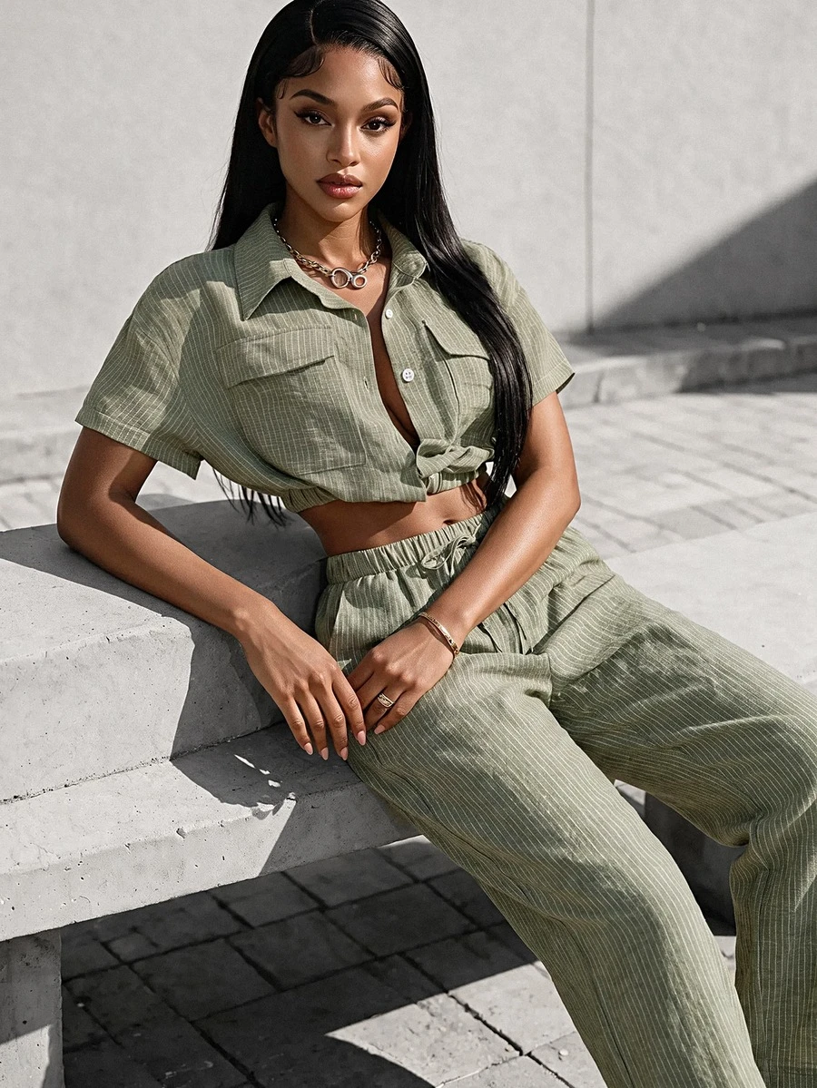 SHEIN Women's Elegant Striped Shirt And Pants Set, Suitable For Summer Vacation And Outdoor Wear - Green - View 1