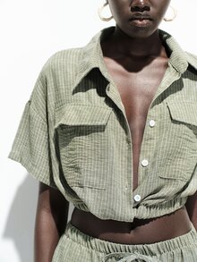 SHEIN Women's Elegant Striped Shirt And Pants Set, Suitable For Summer Vacation And Outdoor Wear - Green - View 5