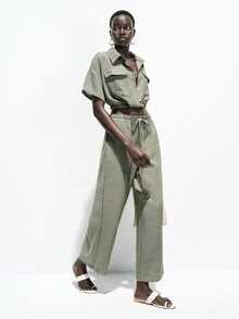 SHEIN Women's Elegant Striped Shirt And Pants Set, Suitable For Summer Vacation And Outdoor Wear - Green - View 4