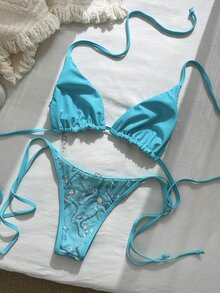 Swim SXY Sexy Sparkling Crystal Sequin Random Cut Halter Bikini Set, Spring/Summer - Blue - View 6