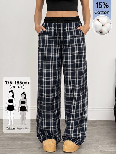 SHEIN Tall Tall Women's Casual Loose Checked Wide Leg Pants Lounge Pants Plaid Pants Pajama Pants Comfy Pants Loose Pants, Tall Women