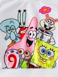 SpongeBob SquarePants | SHEIN 2件組男嬰卡通印花拼接袖圓領運動衫與慢跑長褲，適合外出、購物與日常穿著，春秋款 - 彩色 - 查看 7