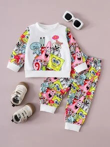 SpongeBob SquarePants | SHEIN 2件組男嬰卡通印花拼接袖圓領運動衫與慢跑長褲，適合外出、購物與日常穿著，春秋款 - 彩色 - 查看 3