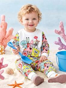 SpongeBob SquarePants | SHEIN 2件組男嬰卡通印花拼接袖圓領運動衫與慢跑長褲，適合外出、購物與日常穿著，春秋款 - 彩色 - 查看 1