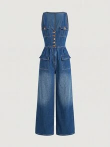 Balvessa Jumpsuit Denim Wanita Kasual dengan Kancing Depan dan Saku, Potongan Kaki Lebar - Biru - View 6