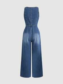 Balvessa Jumpsuit Denim Wanita Kasual dengan Kancing Depan dan Saku, Potongan Kaki Lebar - Biru - View 5