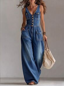 Balvessa Jumpsuit Denim Wanita Kasual dengan Kancing Depan dan Saku, Potongan Kaki Lebar - Biru - View 1