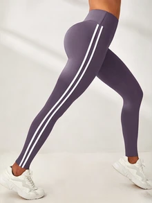 Easithlete Easithlete 女款休閒基礎款肌肉運動雙條紋裝飾緊身褲 健身運動 白色 夏季 - 紫丁香色 - 查看 4